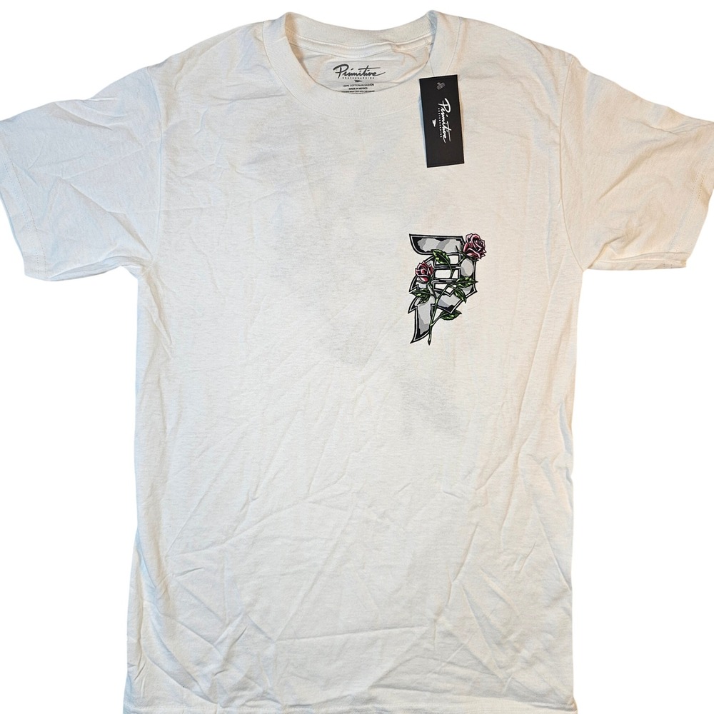 Primitive Skateboarding Men White Rose P Logo Graphic T-Shirt Small NWT